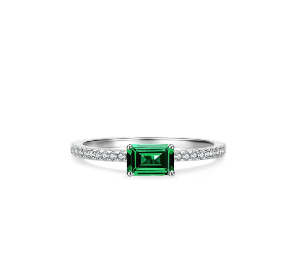 Sterling Silver Ring With Emerald Baguette Cubic Zirconia Gemstone