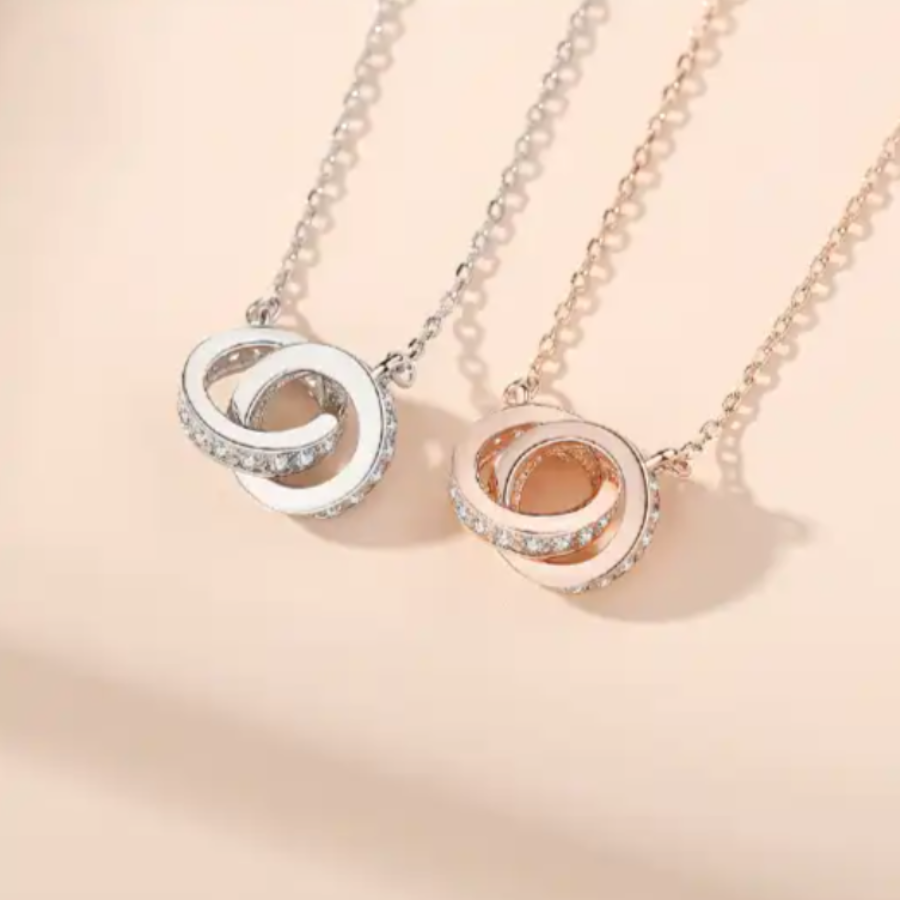 Rose Gold Plated Petite Interlocking Circles Cubic Zirconia Gemstones Charm Necklace