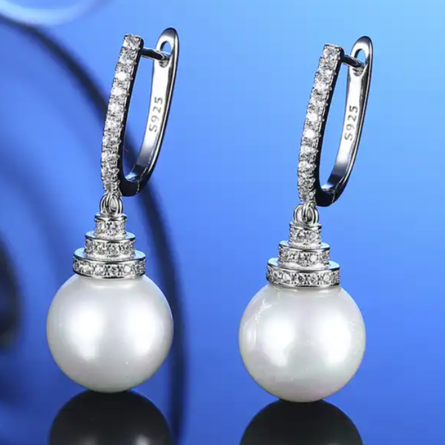 Bridal Sterling Silver Pearl and Cubic Zirconia Gemstones Drop Earrings