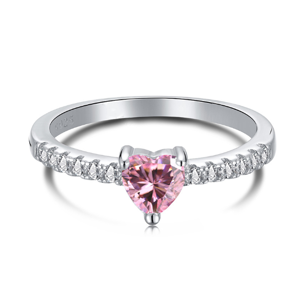 Sterling Silver Rhodium Plated Pink Heart Cut Cubic Zirconia Gemstone Ring